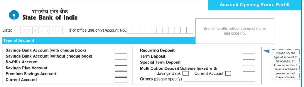 SBI Account Opening Form type of account